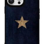 Lacivert Leopar Yıldız tasarımlı Glossy telefon kılıfı, arkadan görünüm