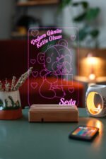 Doğum Gününe Özel Hediye 3D Ayıcık ve Kalpler Gece Led Lambası - Görsel 4
