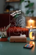 Doğum Gününe Özel Hediye 3D Ayıcık ve Kalpler Gece Led Lambası - Görsel 5