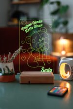 Doğum Gününe Özel Hediye 3D Ayıcık ve Kalpler Gece Led Lambası - Görsel 7