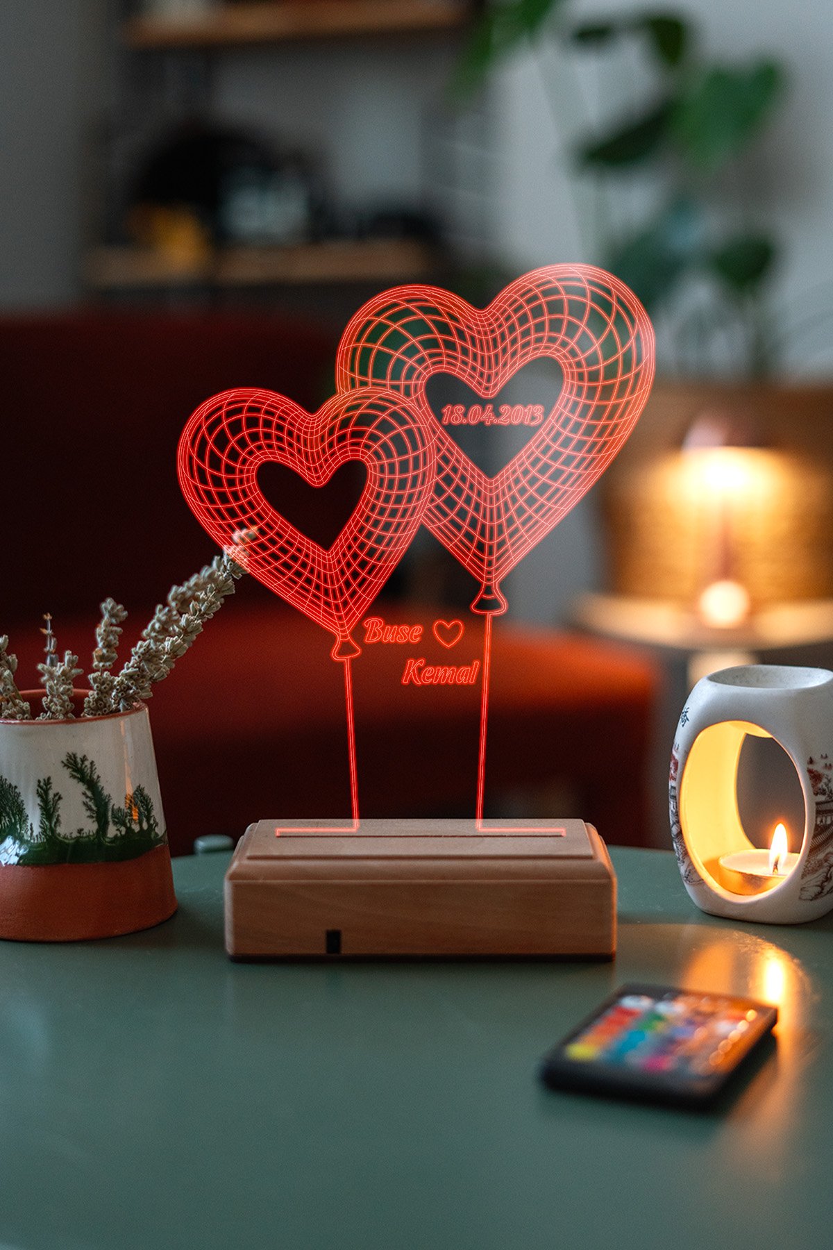 MDW-LV-1020 Kişiye Özel 3D 2 Kalpli Balon 16 Renk Dekoratif Led Lamba - Görsel 1