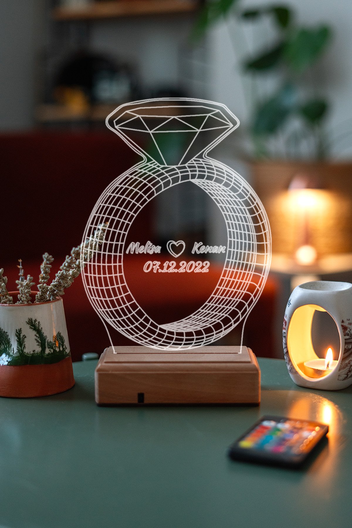 MDW-LV-1170 Sevgiliye Hediye Tektaş Yüzük 3D 16 Renk Dekoratif Led Lamba - Görsel 1