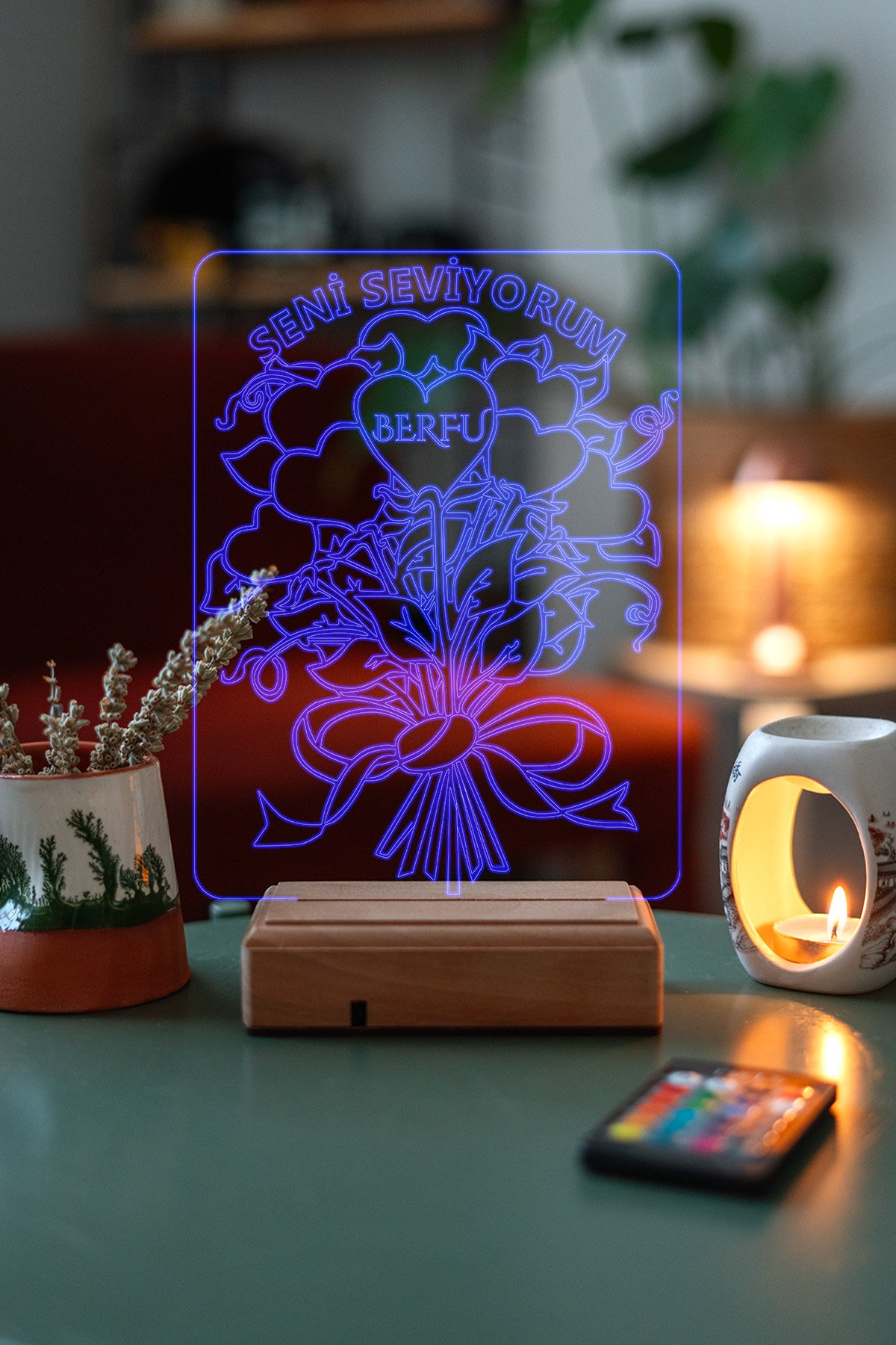 MDW-LV-1320 Kişiye Özel 3D Aşk Çiçek 16 Renk Dekoratif Led Lamba - Görsel 1