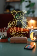 Kişiye Özel 3D Tatlı Köpek ve Çiçekler 16 Renk Dekoratif Led Lamba