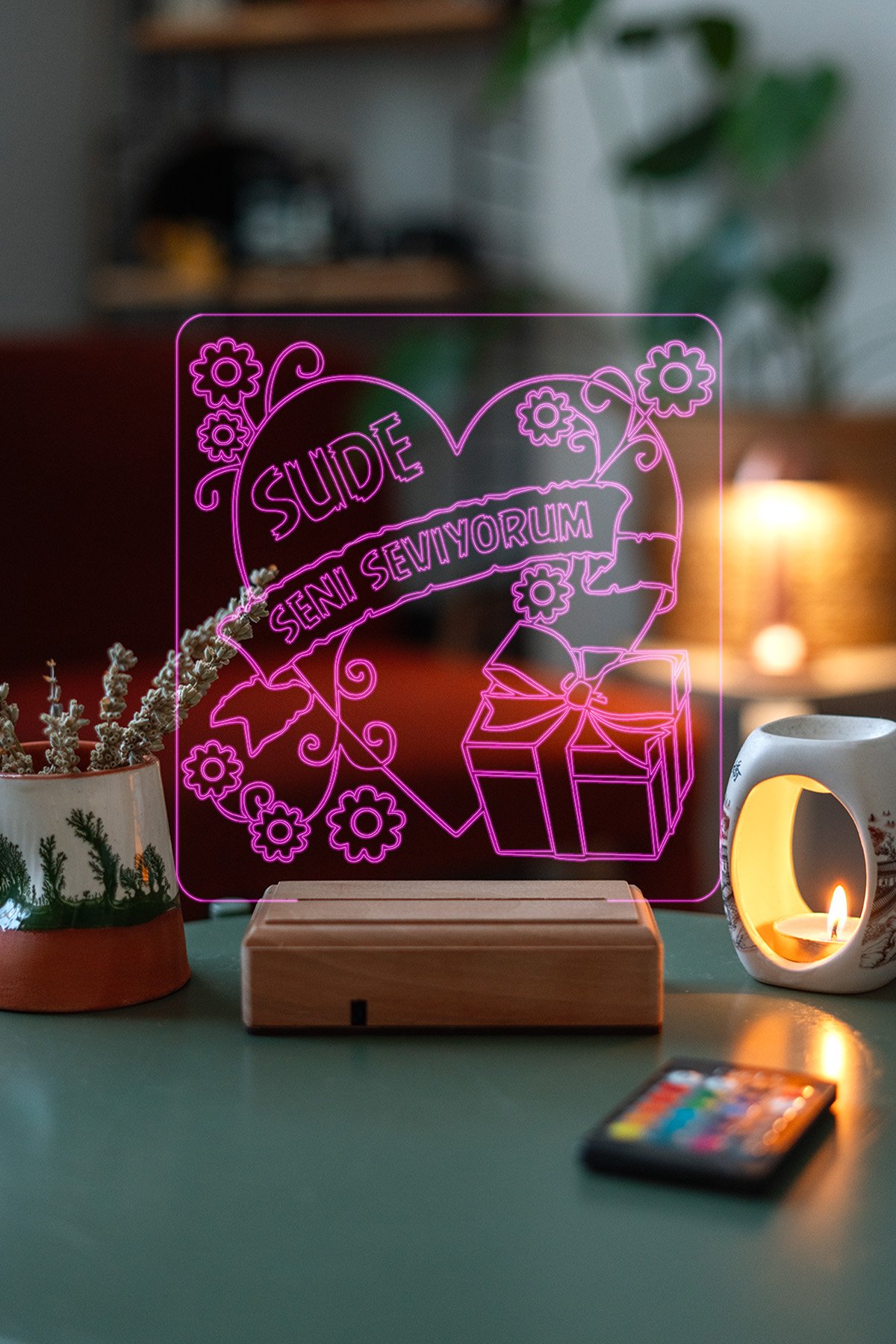 MDW-LV-1410 Kişiye Özel 3D Kalp&Hediye Seni Seviyorum Dekoratif Led Lamba - Görsel 1