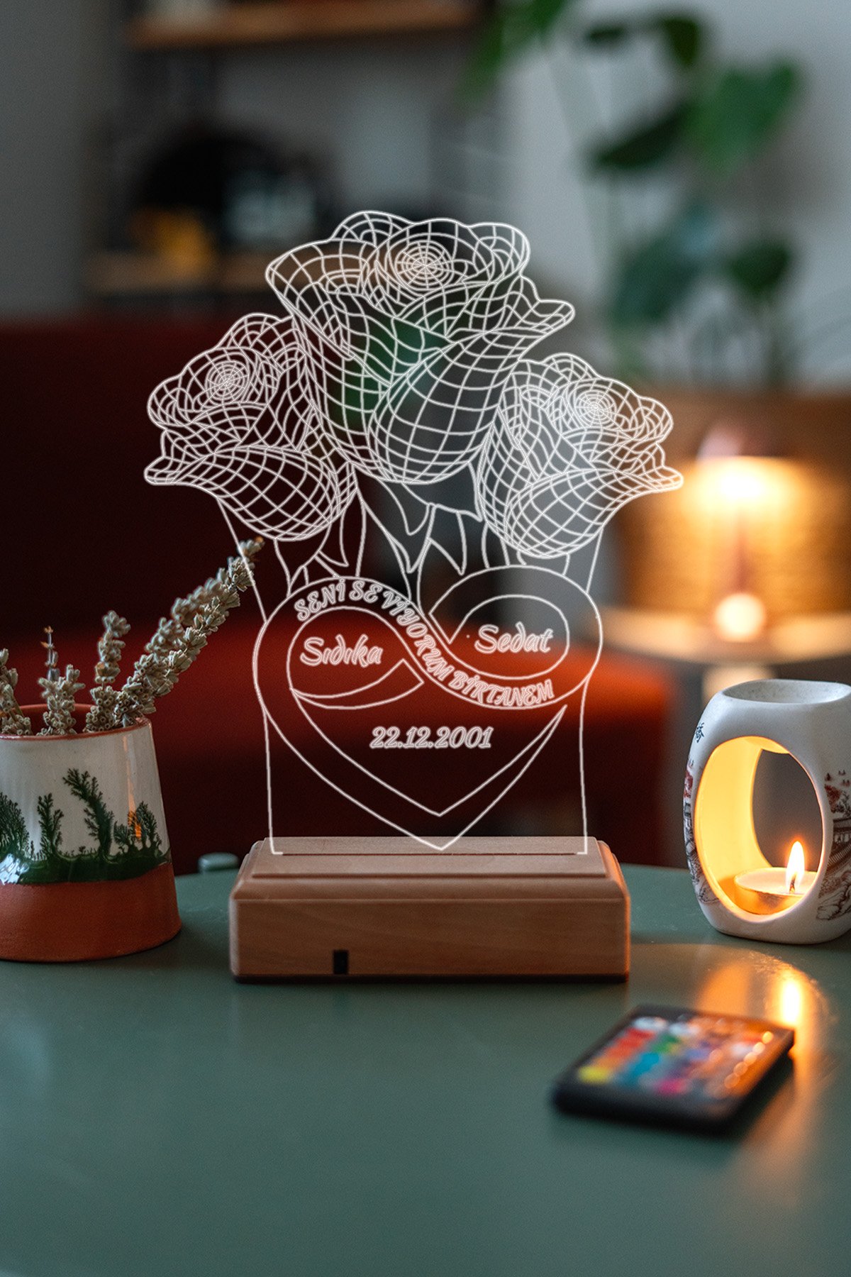 MDW-LV-1430 Kişiye Özel 3D 3 Gül ve Sonsuzluk 16 Renk Dekoratif Led Lamba - Görsel 1