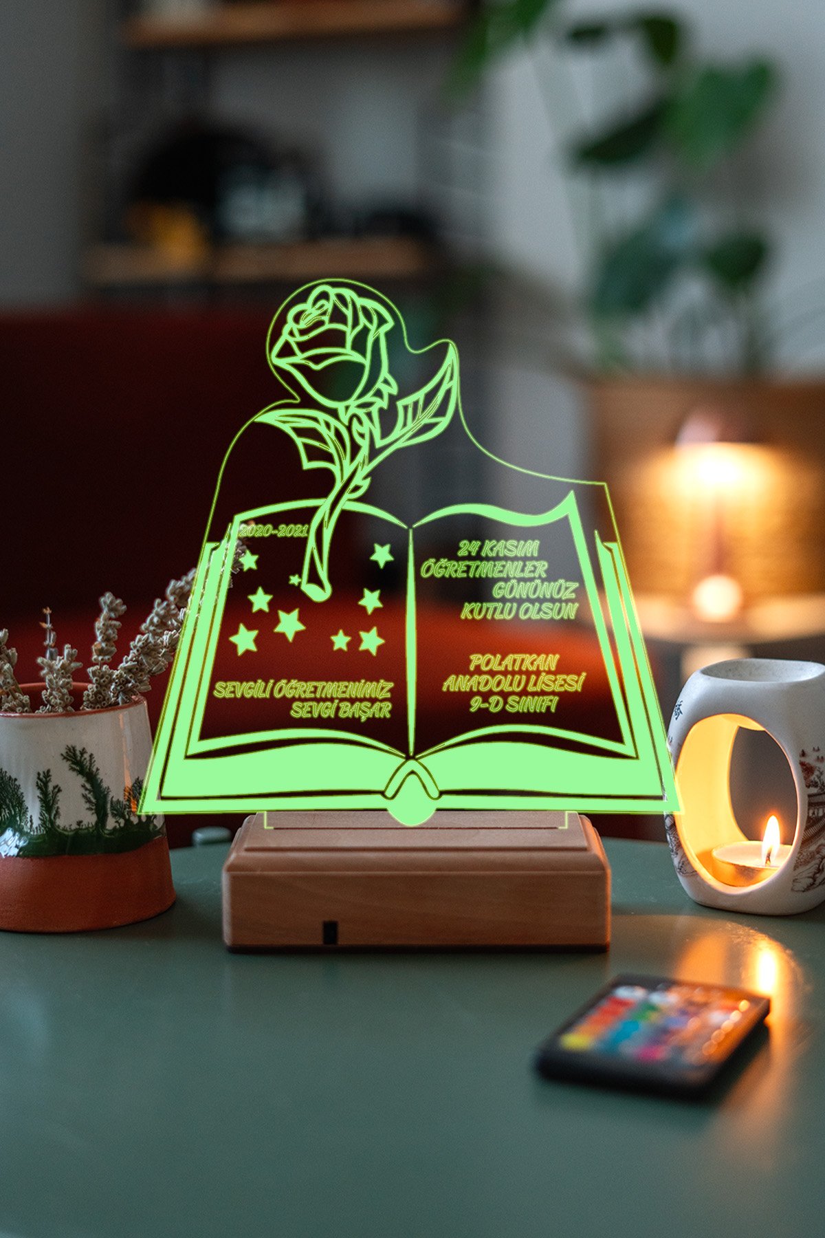 MDW-OG-1040 Kişiye Özel 3D Öğretmenler Günü Gül ve Kitap 16 Renk Dekoratif Led Lamba - Görsel 1