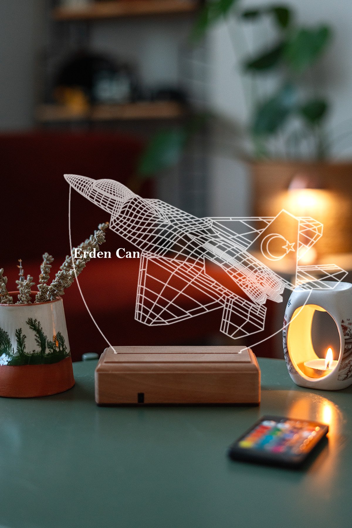 MDW-PT-1010 Özel Tasarım F16 Savaş Uçağı TÜRK Bayraklı 3D 16 Renk Dekoratif Led Lamba - Görsel 1