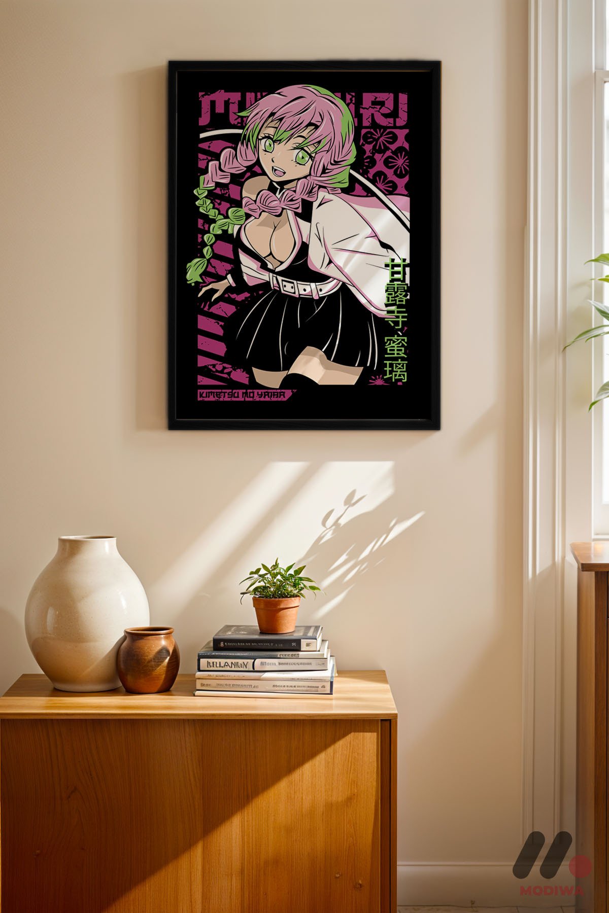 Demon Slayer Mitsuri Anime Poster siyah çerçeveli duvar tablosu, konsol üstündeki duvarda