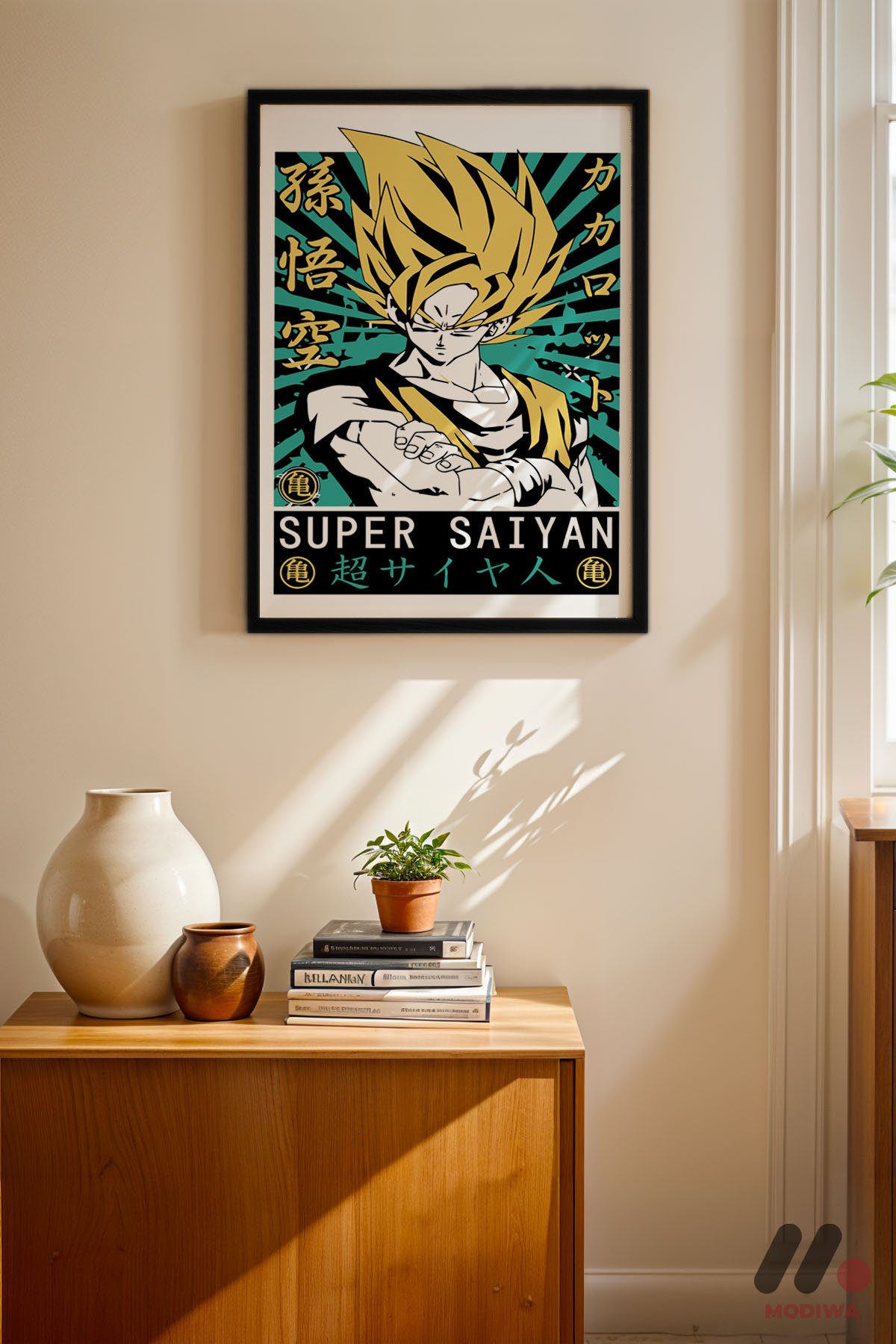 Dragon Ball Super Saiyan Goku Poster siyah çerçeveli duvar tablosu, konsol üstündeki duvarda