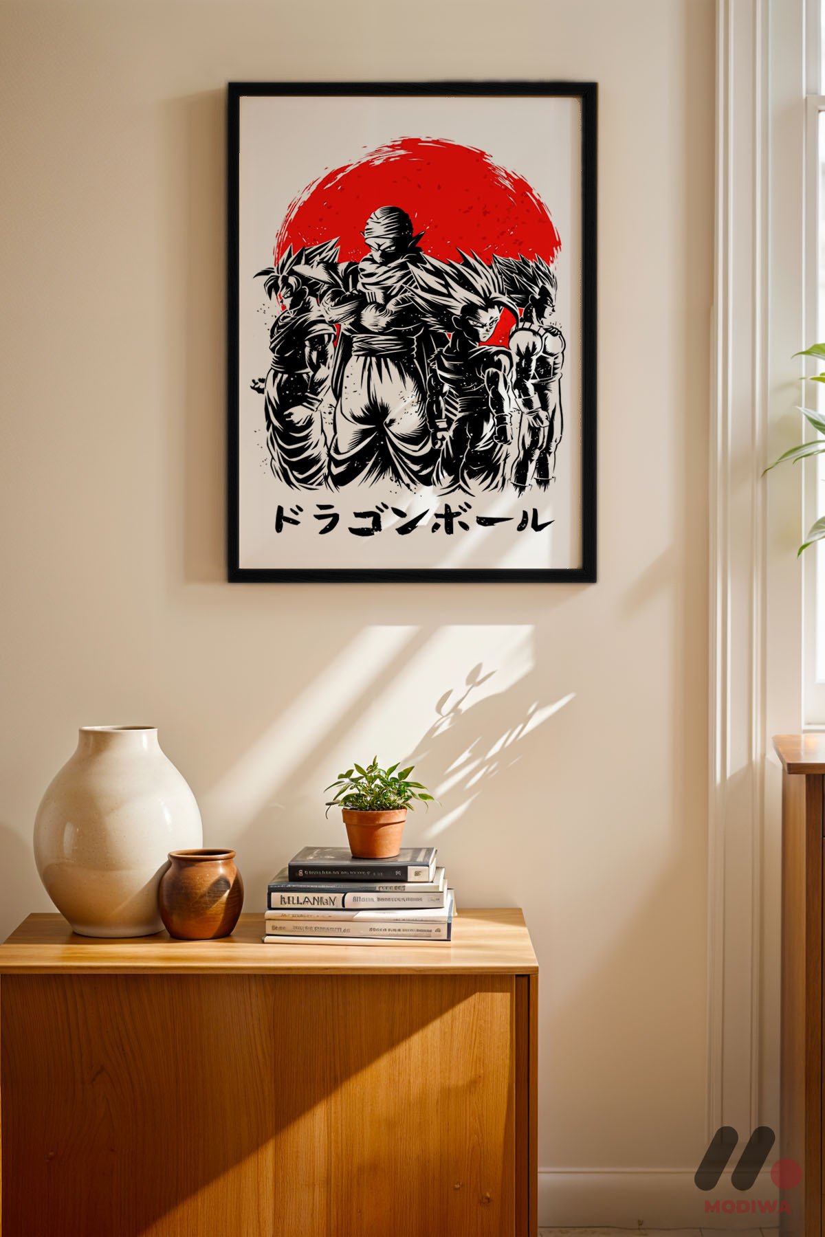 Dragon Ball Kırmızı Güneş Silüet Poster siyah çerçeveli duvar tablosu, konsol üstündeki duvarda