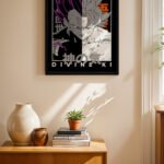 Dragon Ball Divine Ki Poster siyah çerçeveli duvar tablosu, konsol üstündeki duvarda