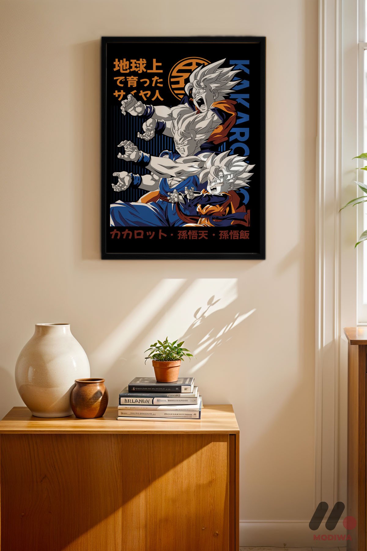 Dragon Ball Kakarot Goku Poster siyah çerçeveli duvar tablosu, konsol üstündeki duvarda