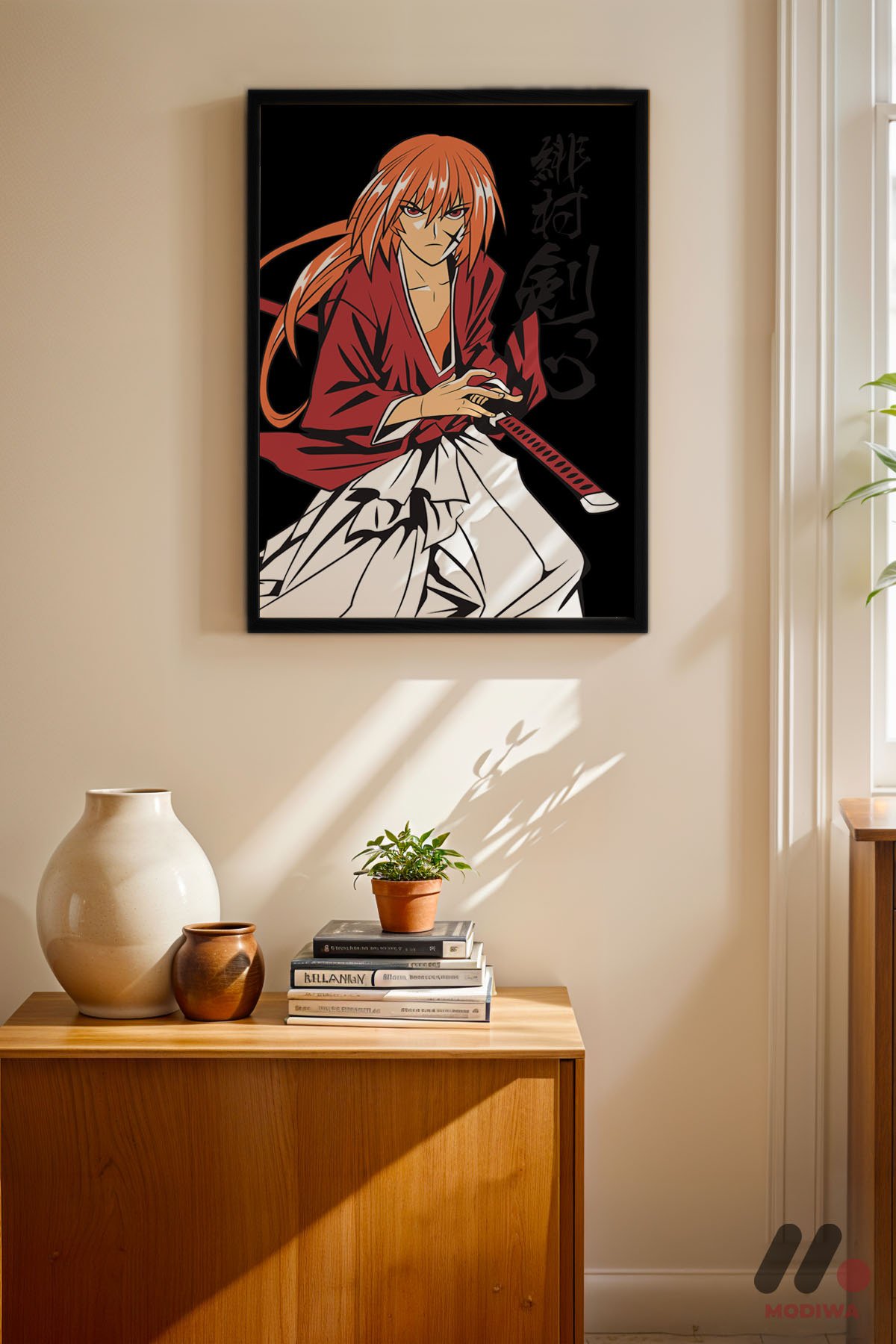 Rurouni Kenshin Samuray Poster siyah çerçeveli duvar tablosu, konsol üstündeki duvarda