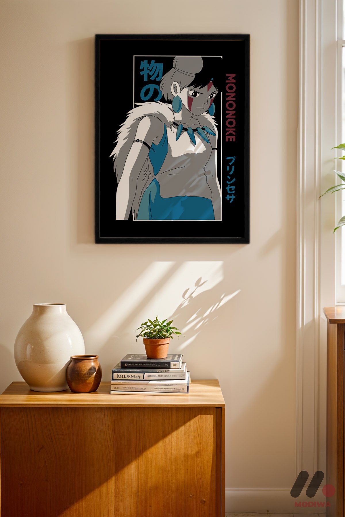 Prenses Mononoke Anime Poster siyah çerçeveli duvar tablosu, konsol üstündeki duvarda