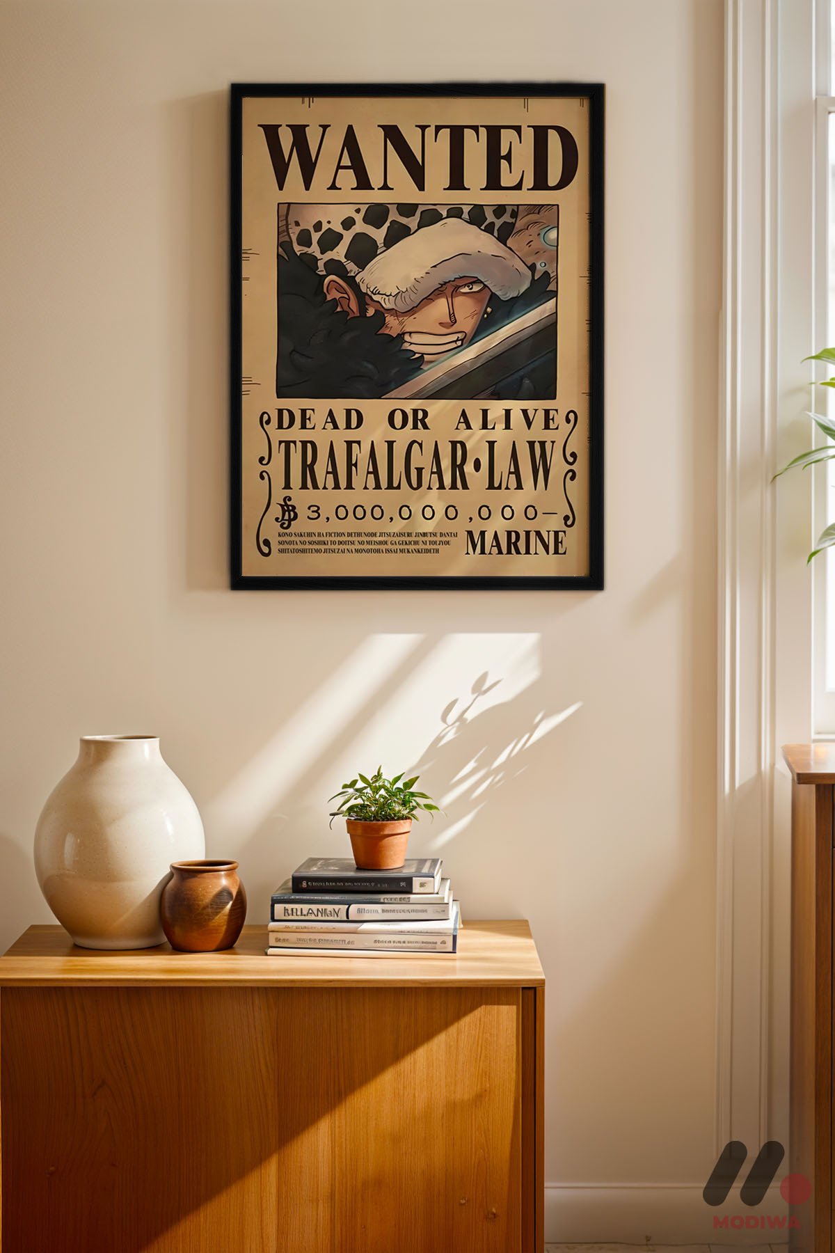 One Piece Trafalgar Law Wanted Poster siyah çerçeveli duvar tablosu, konsol üstündeki duvarda