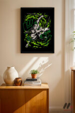 One Piece Zoro Anime Poster siyah çerçeveli duvar tablosu, konsol üstündeki duvarda