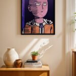 One Punch Man Saitama Poster siyah çerçeveli duvar tablosu, konsol üstündeki duvarda