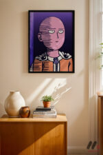 One Punch Man Saitama Poster siyah çerçeveli duvar tablosu, konsol üstündeki duvarda