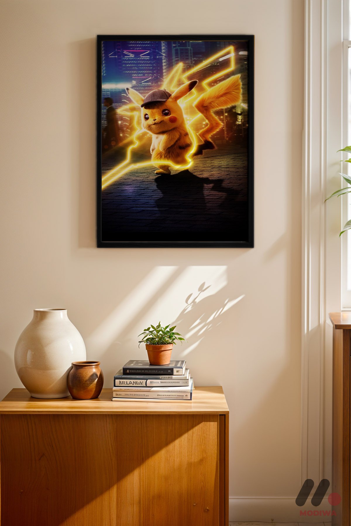 Pokemon Pikachu Neon Poster siyah çerçeveli duvar tablosu, konsol üstündeki duvarda