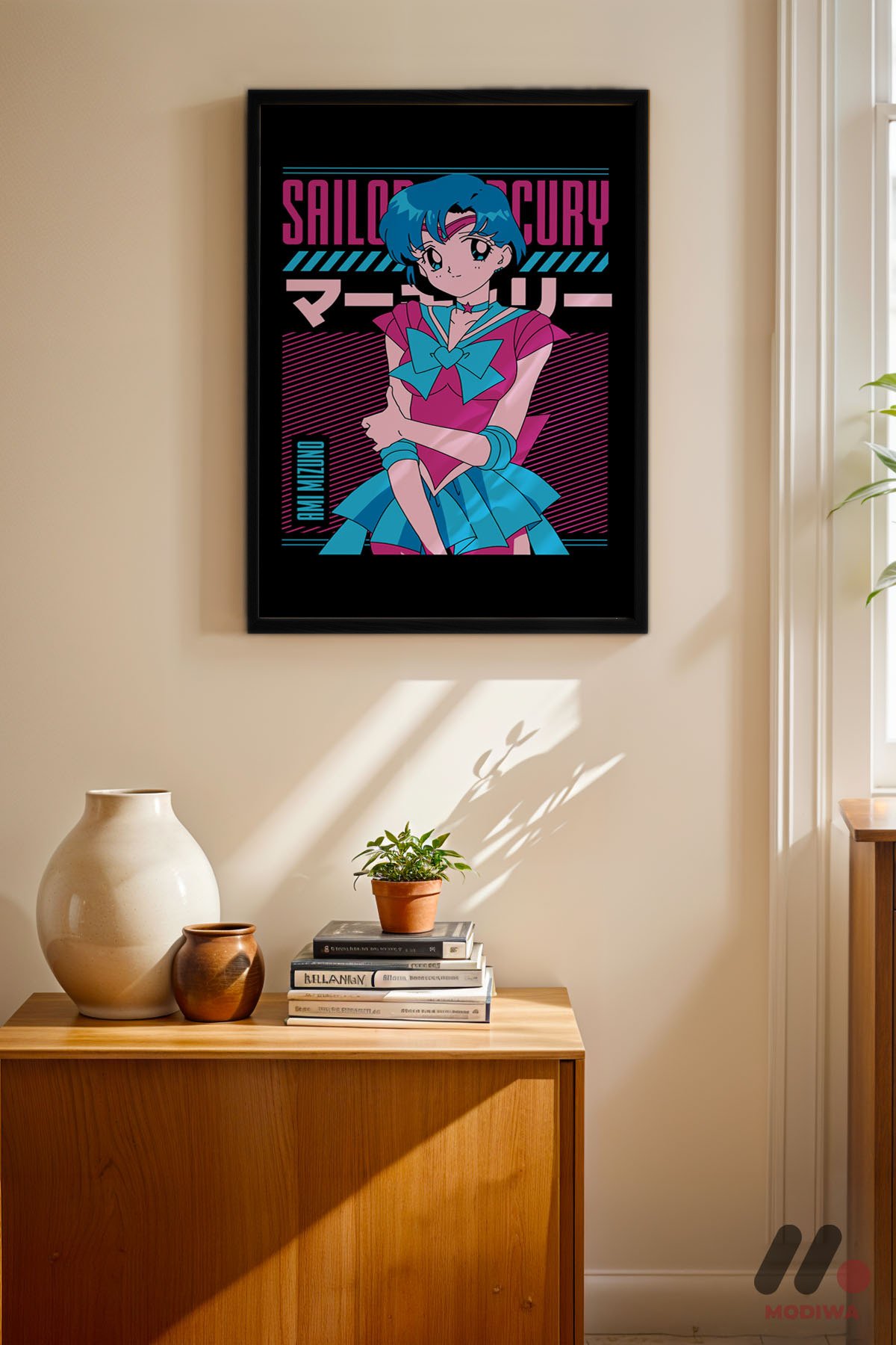 Sailor Moon Mercury Poster siyah çerçeveli duvar tablosu, konsol üstündeki duvarda