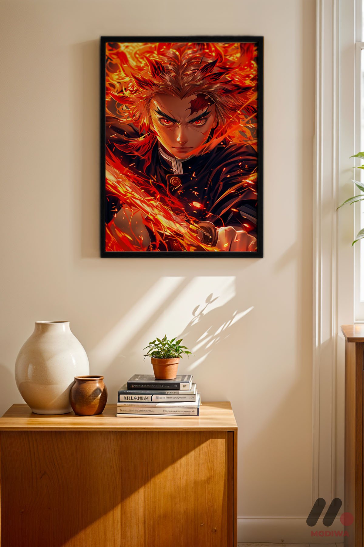 Demon Slayer Rengoku Poster siyah çerçeveli duvar tablosu, konsol üstündeki duvarda