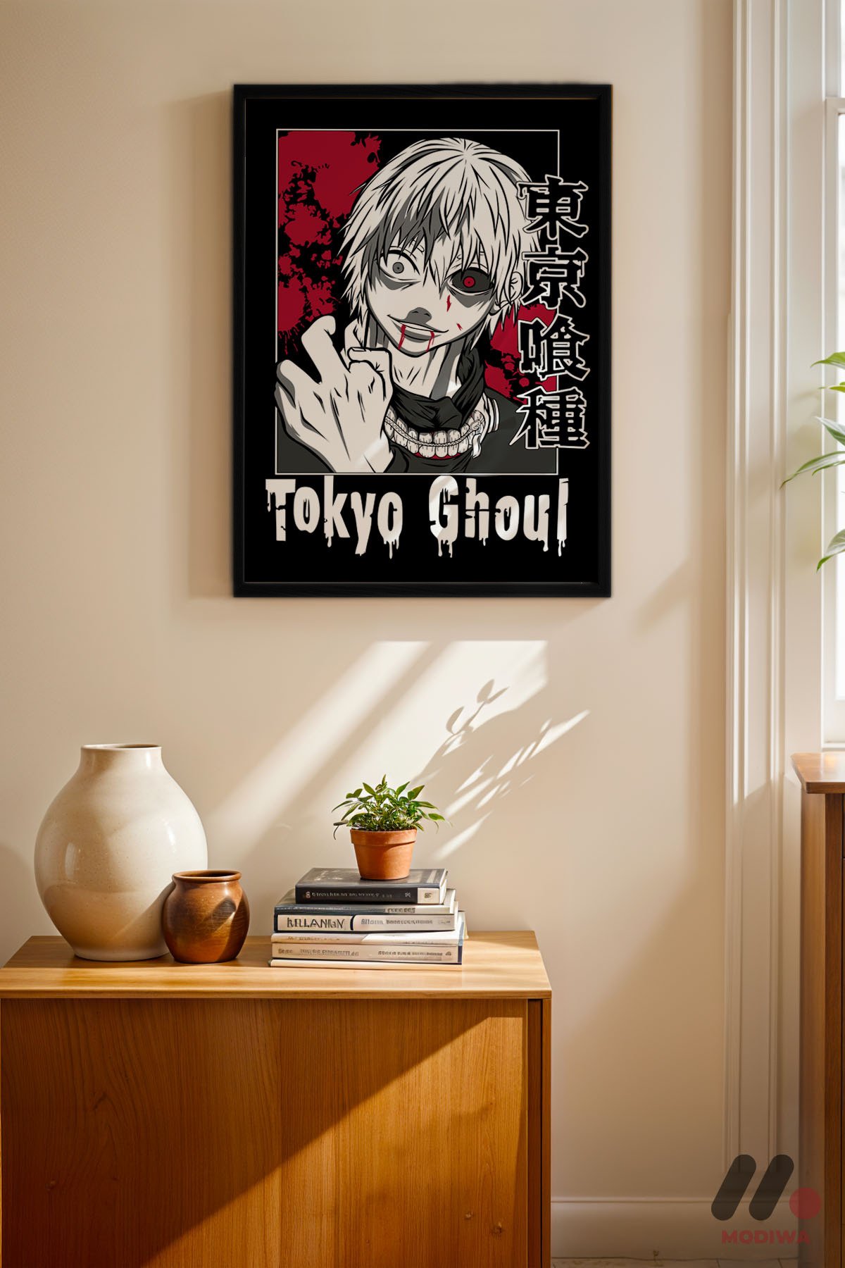 Tokyo Ghoul Kaneki Poster siyah çerçeveli duvar tablosu, konsol üstündeki duvarda