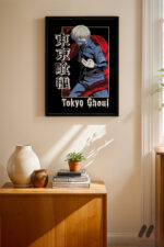 Tokyo Ghoul Kaneki Maske Poster siyah çerçeveli duvar tablosu, konsol üstündeki duvarda
