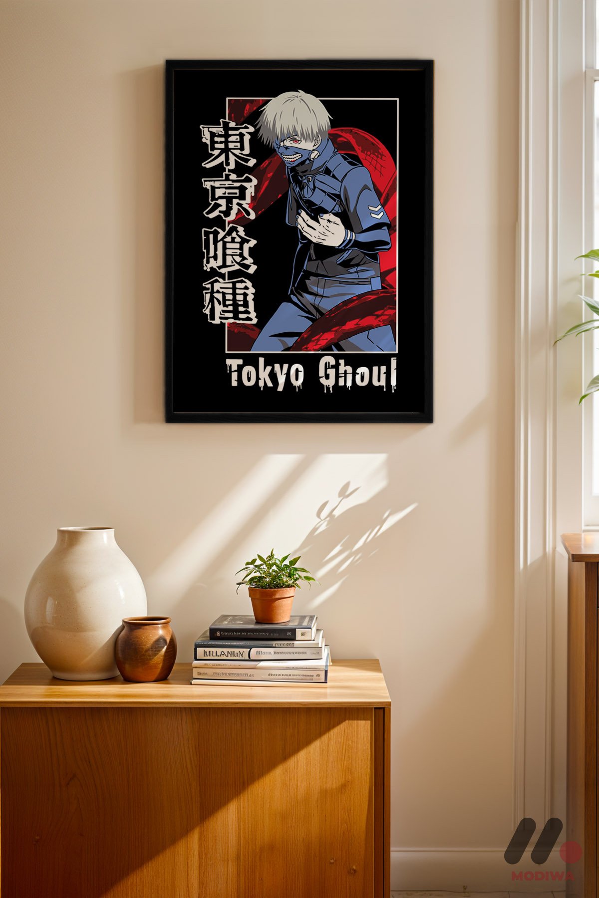 Tokyo Ghoul Kaneki Maske Poster siyah çerçeveli duvar tablosu, konsol üstündeki duvarda