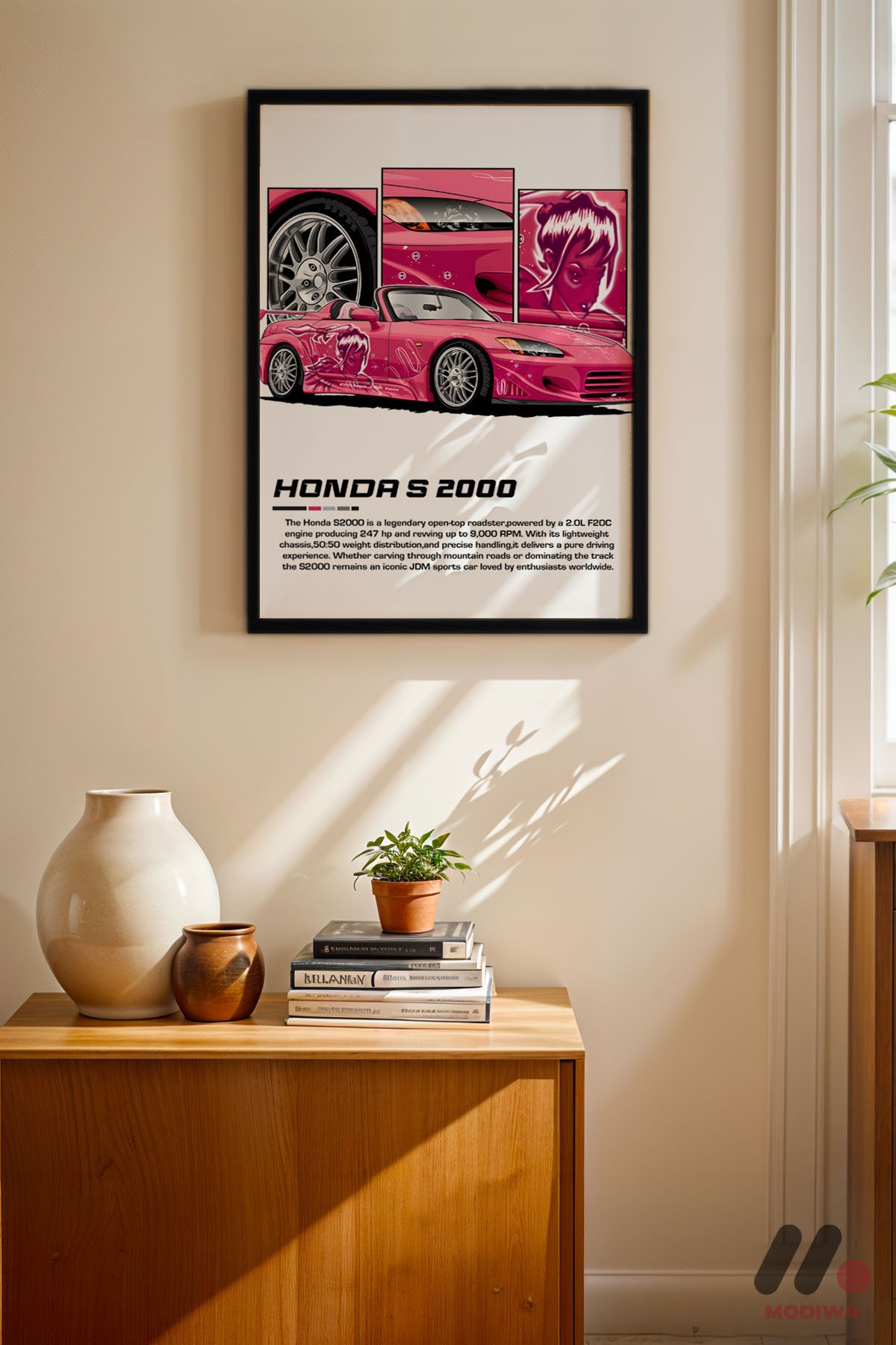 Honda S2000 Pembe JDM Poster siyah çerçeveli duvar tablosu, konsol üstündeki duvarda