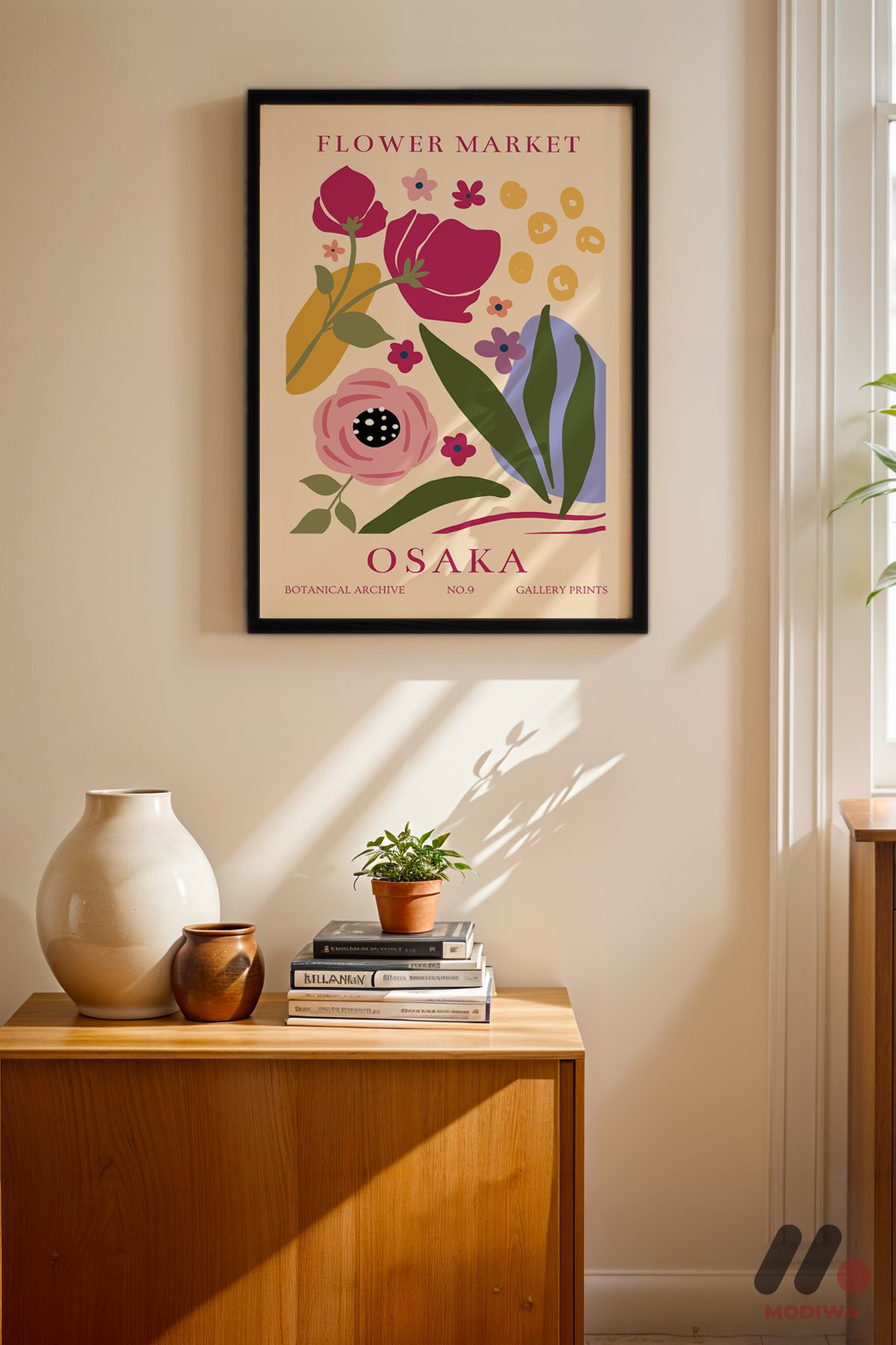 Flower Market Osaka Posteri siyah çerçeveli duvar tablosu, konsol üstündeki duvarda