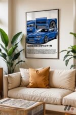 Nissan Skyline R34 GT-R Mavi JDM Poster Duvar Tablosu, Oto Severlere Özel Hediye - Görsel 3