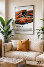 Nissan Skyline R34 GT-R Turuncu JDM Poster Duvar Tablosu, Oto Severlere Özel Hediye - Görsel 3