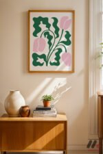 Yeşil Pembe Lale Deseni Duvar Tablosu, Ev Dekorasyonu - Görsel 4