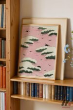 Pembe Bulut ve Kuş Deseni Duvar Tablosu, Modern Ev Dekorasyonu - Görsel 5