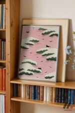 Pembe Bulut ve Kuş Deseni Duvar Tablosu, Modern Ev Dekorasyonu - Görsel 2