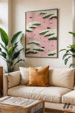Pembe Bulut ve Kuş Deseni Duvar Tablosu, Modern Ev Dekorasyonu - Görsel 3
