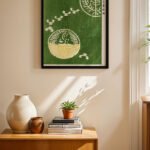Yeşil Botanik Japon Poster siyah çerçeveli duvar tablosu, konsol üstündeki duvarda