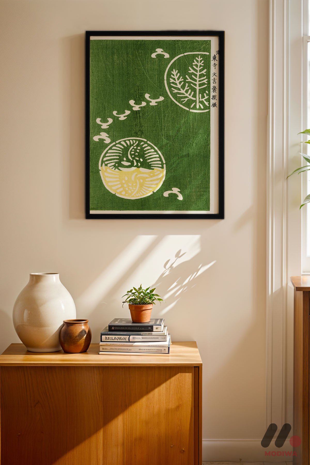Yeşil Botanik Japon Poster siyah çerçeveli duvar tablosu, konsol üstündeki duvarda