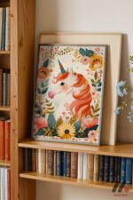 Çiçekli Unicorn İllüstrasyonu Duvar Tablosu, Hayvan Severlere Hediye - Görsel 2