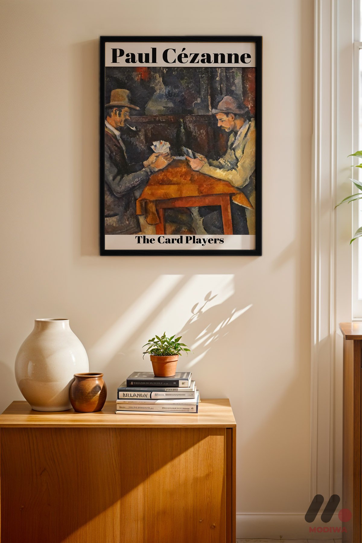 Paul Cezanne Kağıt Oyuncuları siyah çerçeveli duvar tablosu, konsol üstündeki duvarda