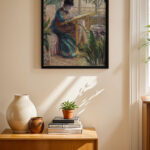 Claude Monet Serada Kadın siyah çerçeveli duvar tablosu, konsol üstündeki duvarda