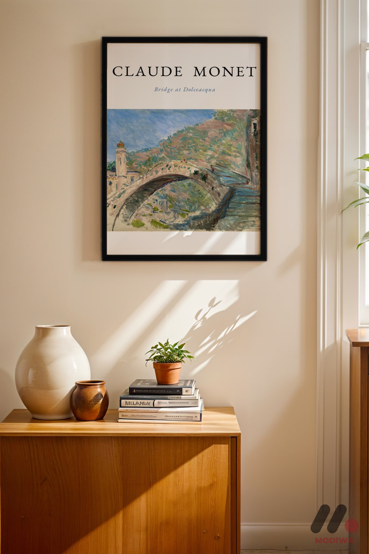 Claude Monet Dolceacqua Köprüsü siyah çerçeveli duvar tablosu, konsol üstündeki duvarda