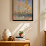 Claude Monet Kavaklar siyah çerçeveli duvar tablosu, konsol üstündeki duvarda