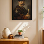 Rembrandt Kürklü Asilzade siyah çerçeveli duvar tablosu, konsol üstündeki duvarda