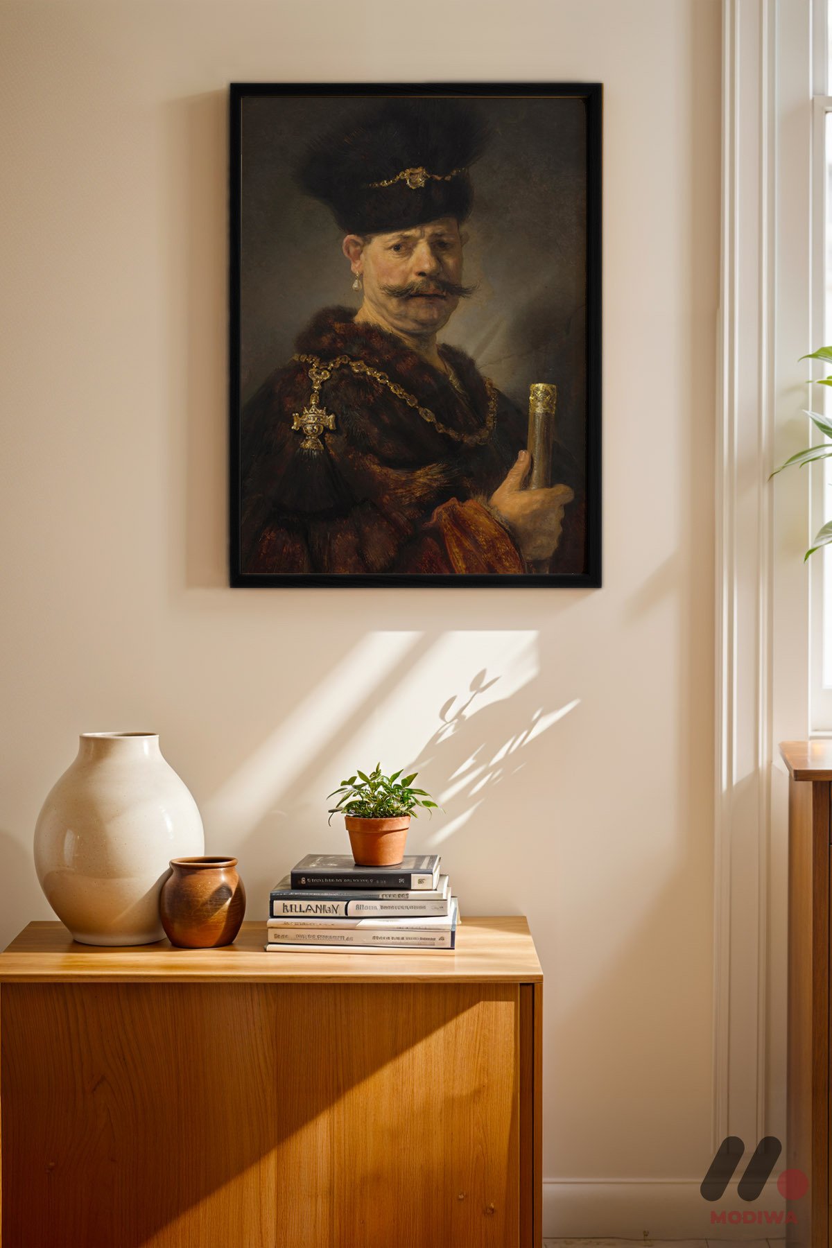 Rembrandt Kürklü Asilzade siyah çerçeveli duvar tablosu, konsol üstündeki duvarda