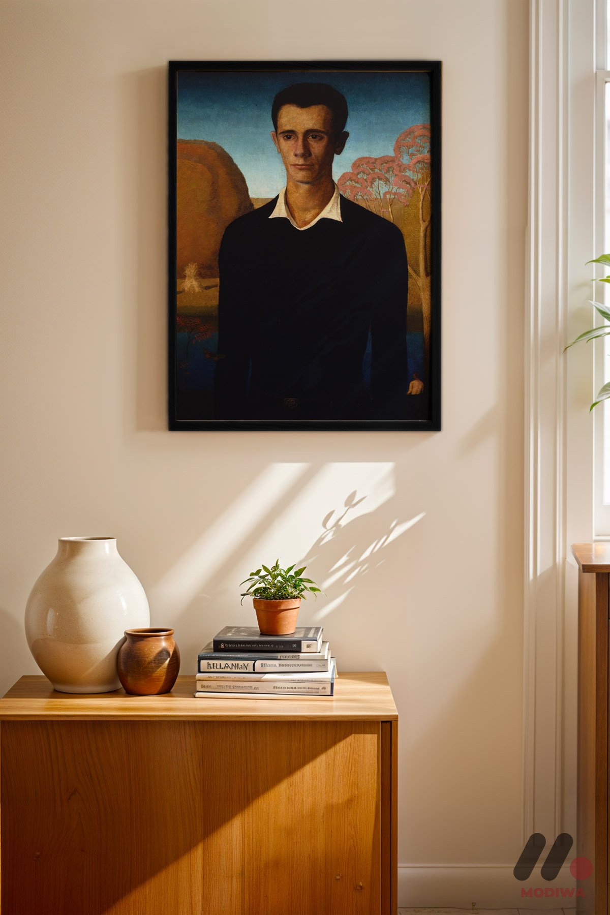 Grant Wood Erkek Portresi siyah çerçeveli duvar tablosu, konsol üstündeki duvarda
