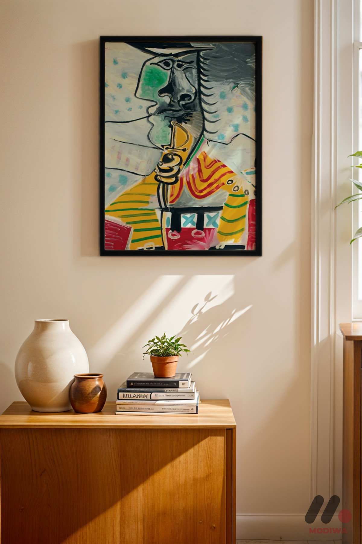 Picasso Kübist Renkli Portre siyah çerçeveli duvar tablosu, konsol üstündeki duvarda