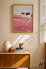 Pembe Kır Evi Manzarası Duvar Tablosu, Modern Ev Dekorasyonu - Görsel 4