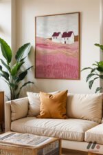 Pembe Kır Evi Manzarası Duvar Tablosu, Modern Ev Dekorasyonu - Görsel 6